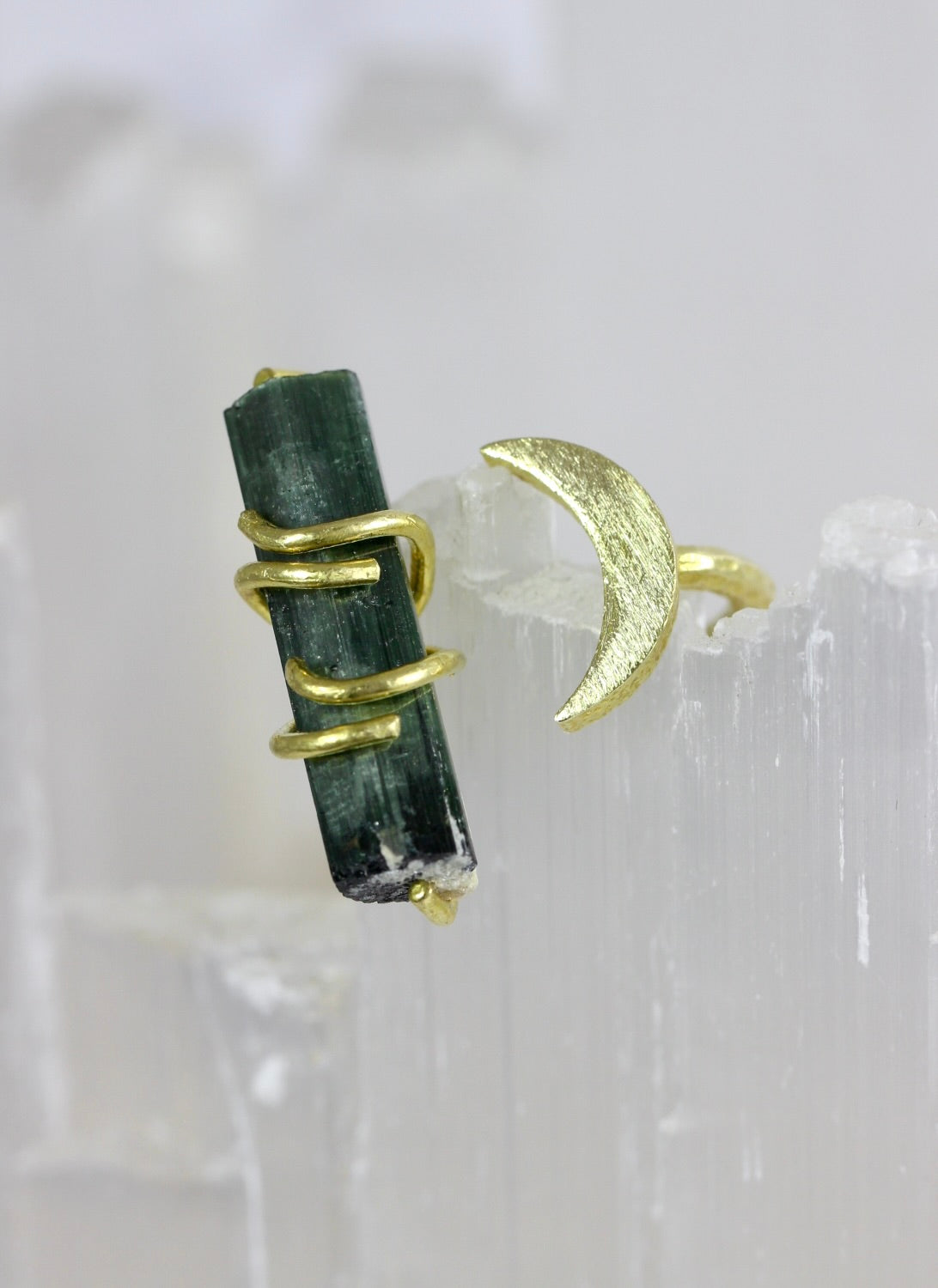 Green Tourmaline Crystal Moon Ring