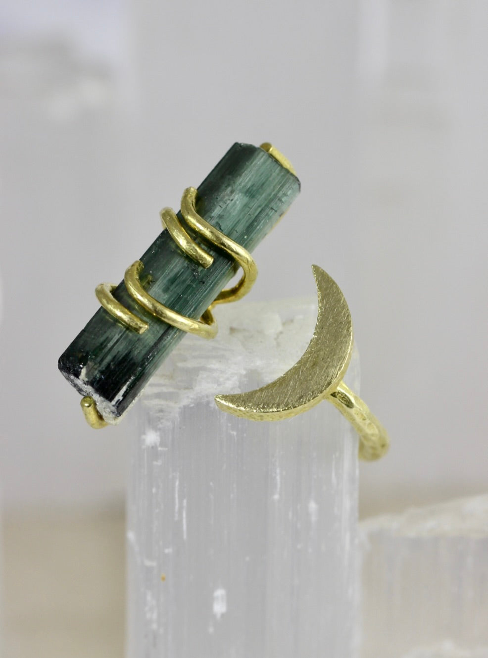 Green Tourmaline Crystal Moon Ring