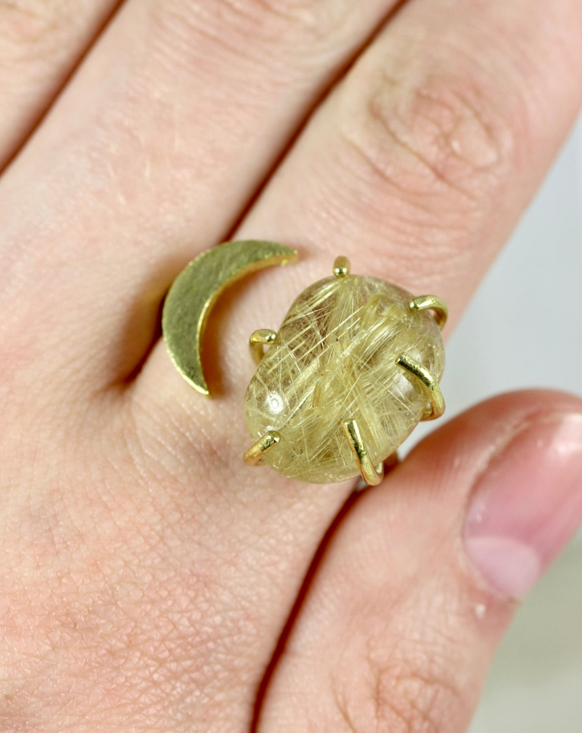 Rutilated Quartz Crystal Moon Ring