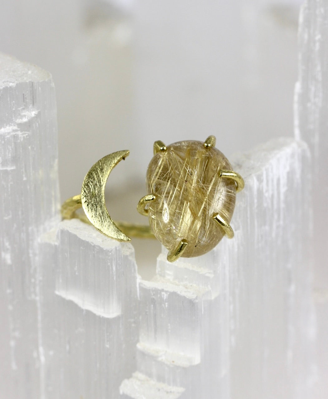 Rutilated Quartz Crystal Moon Ring