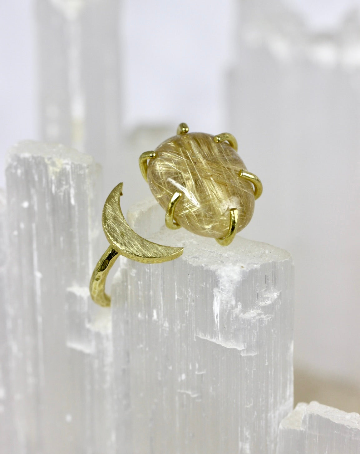 Rutilated Quartz Crystal Moon Ring