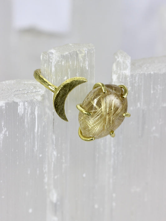 Rutilated Quartz Crystal Moon Ring