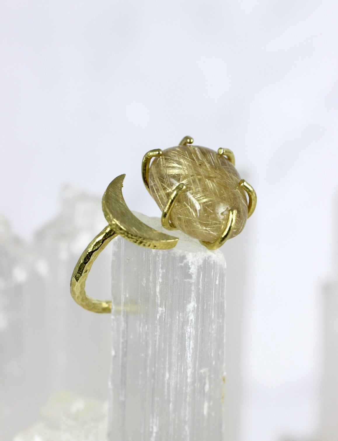 Rutilated Quartz Crystal Moon Ring