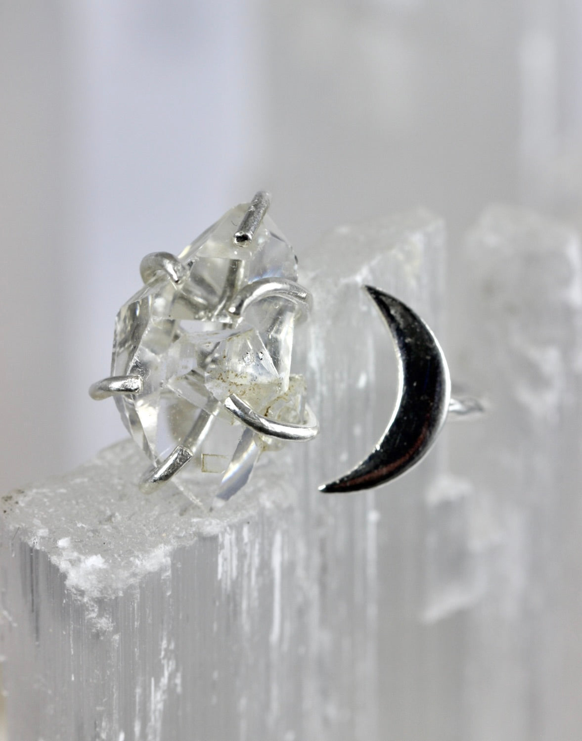 Herkimer Diamond Silver Moon Ring
