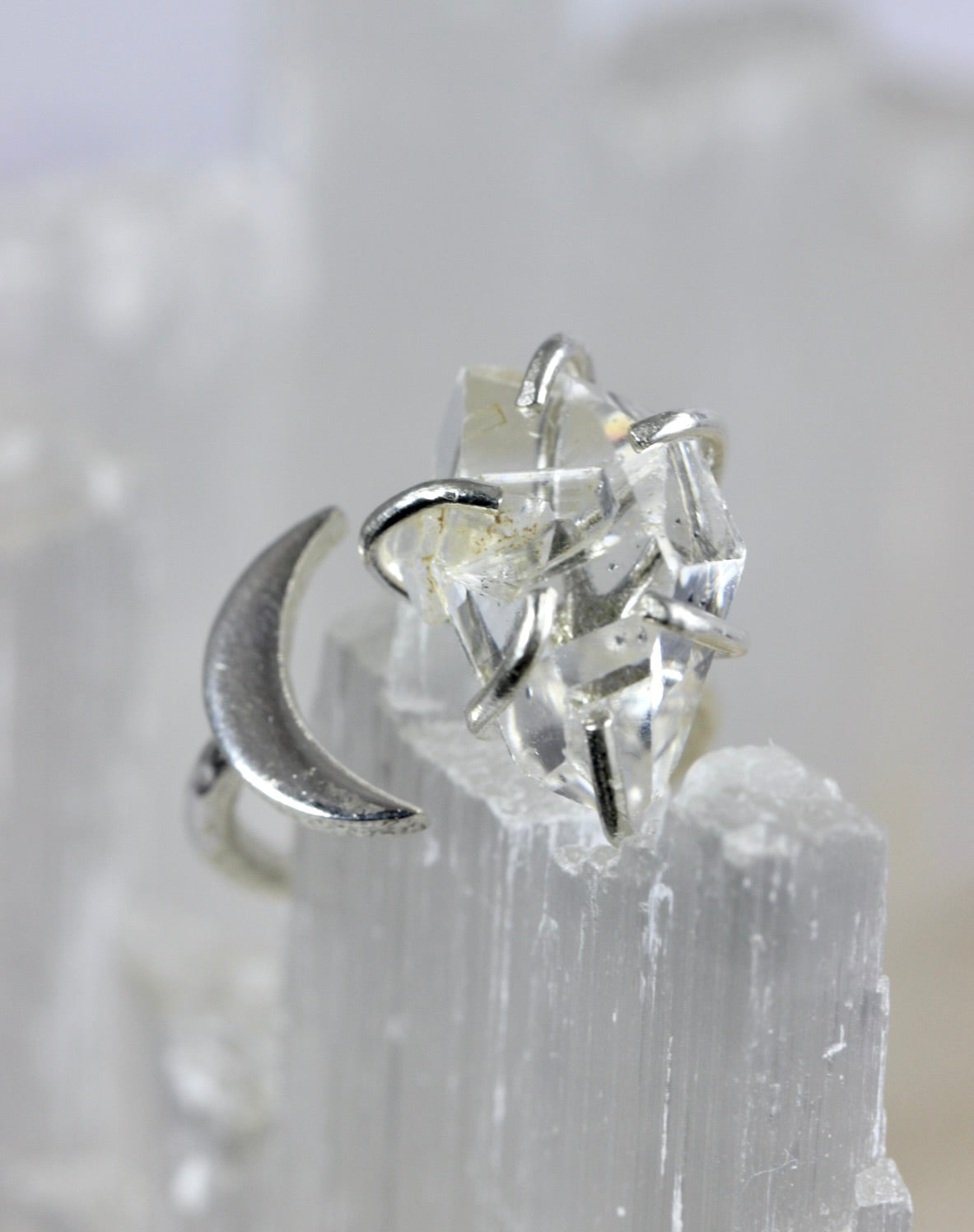 Herkimer Diamond Silver Moon Ring