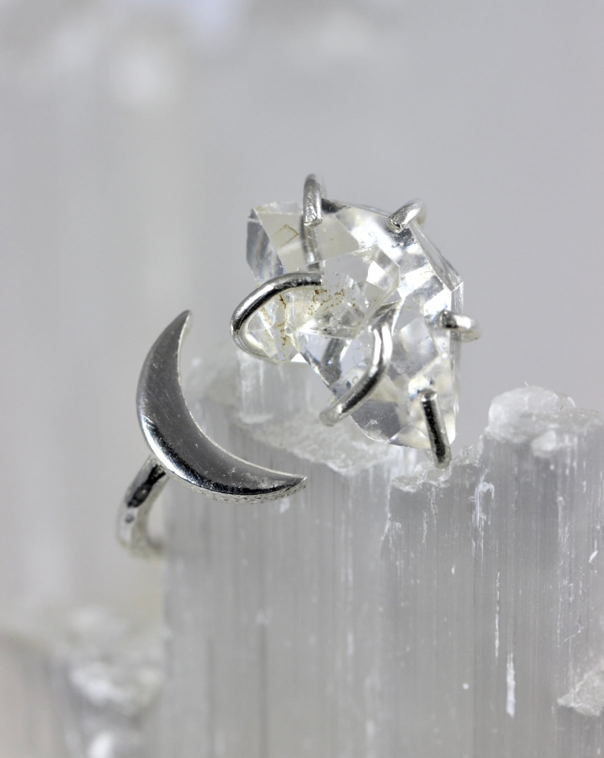 Herkimer Diamond Silver Moon Ring
