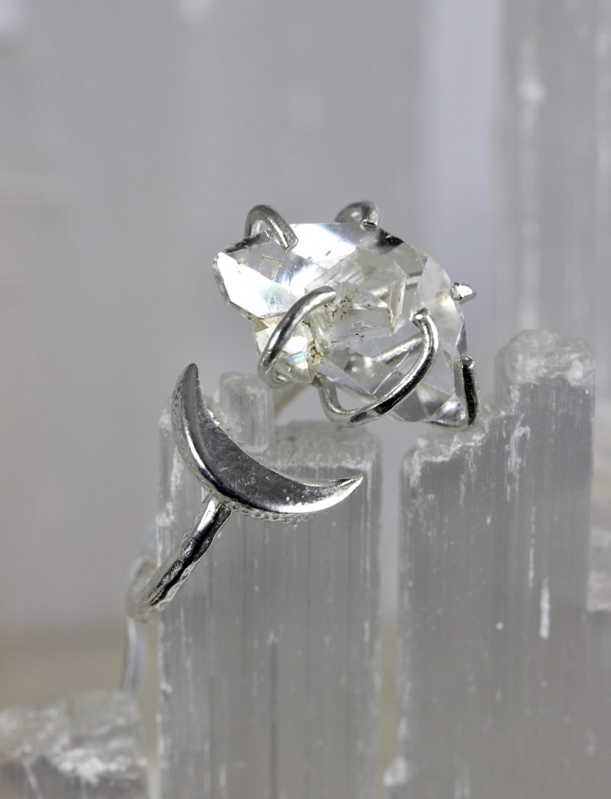 Herkimer Diamond Silver Moon Ring