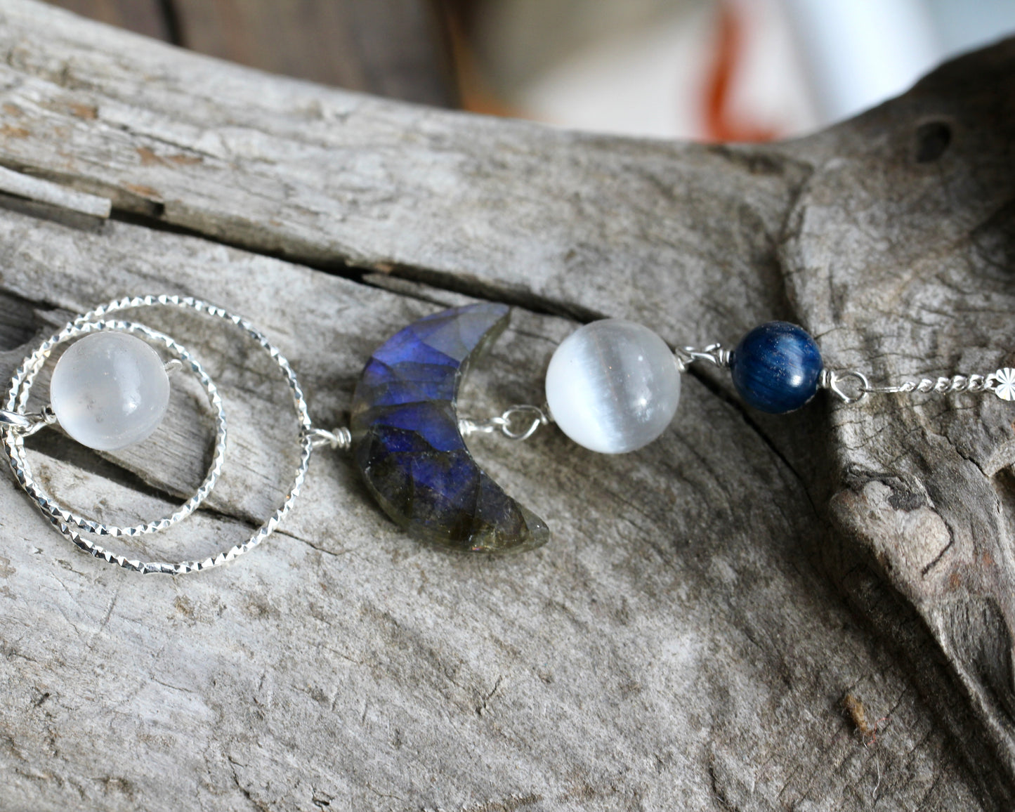 Labradorite Selenite Kyanite Moon Goddess Silver Necklace