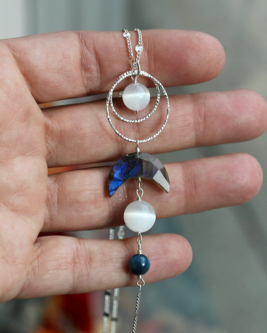 Labradorite Selenite Kyanite Moon Goddess Silver Necklace