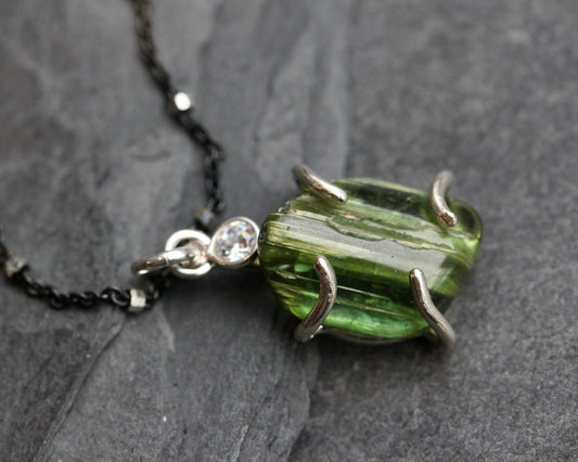 Green Tourmaline Black and Silver Necklace