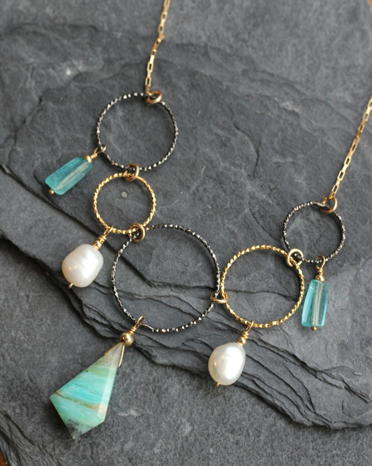 Peruvian Opal Pearl Apatite Black and Gold Ring Necklace