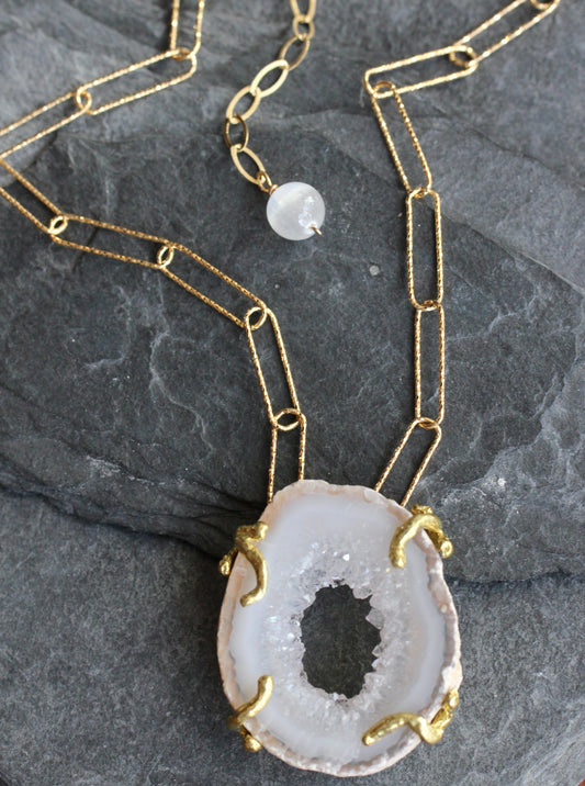 White Agate Gold Paperclip Chain Necklace