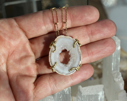 White Agate Gold Paperclip Chain Necklace