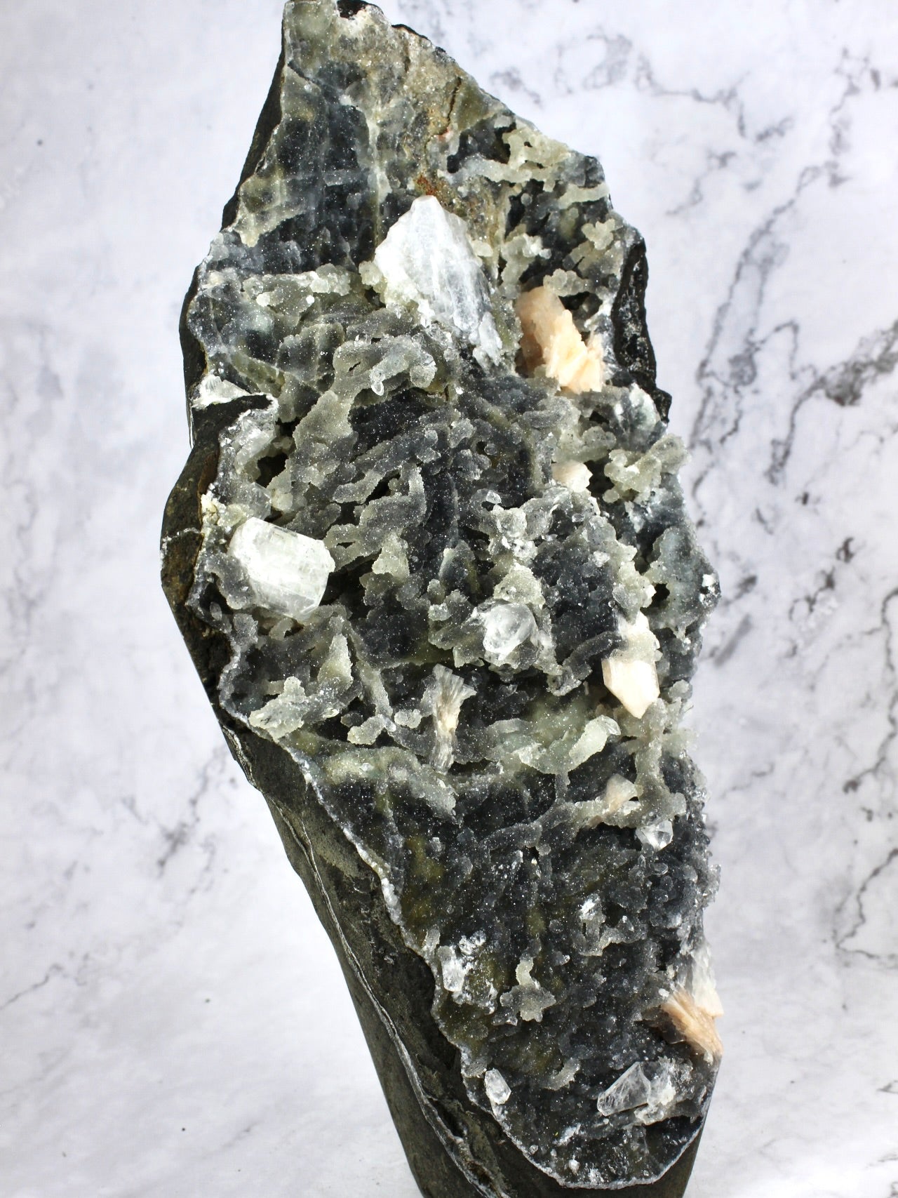 Apophyllite Stilbite on Black Chalcedony
