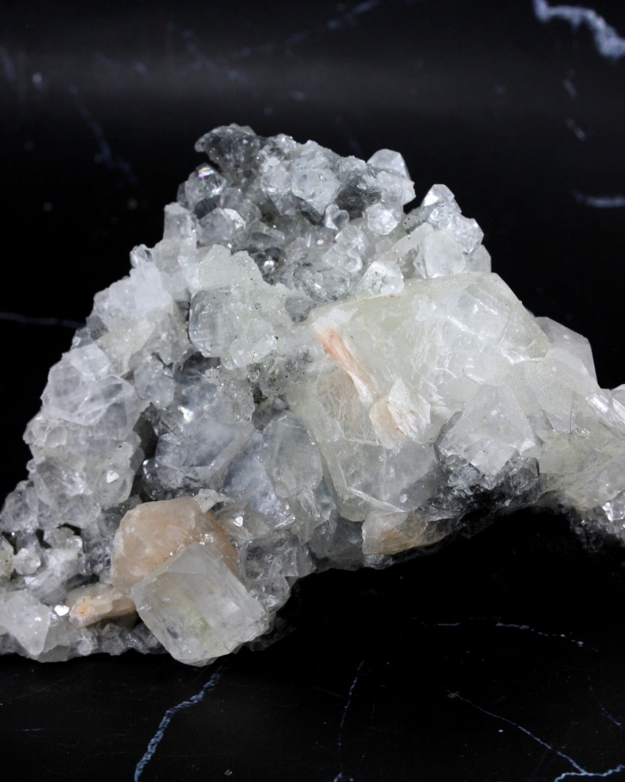 Apophyllite Stilbite on Black Chalcedony