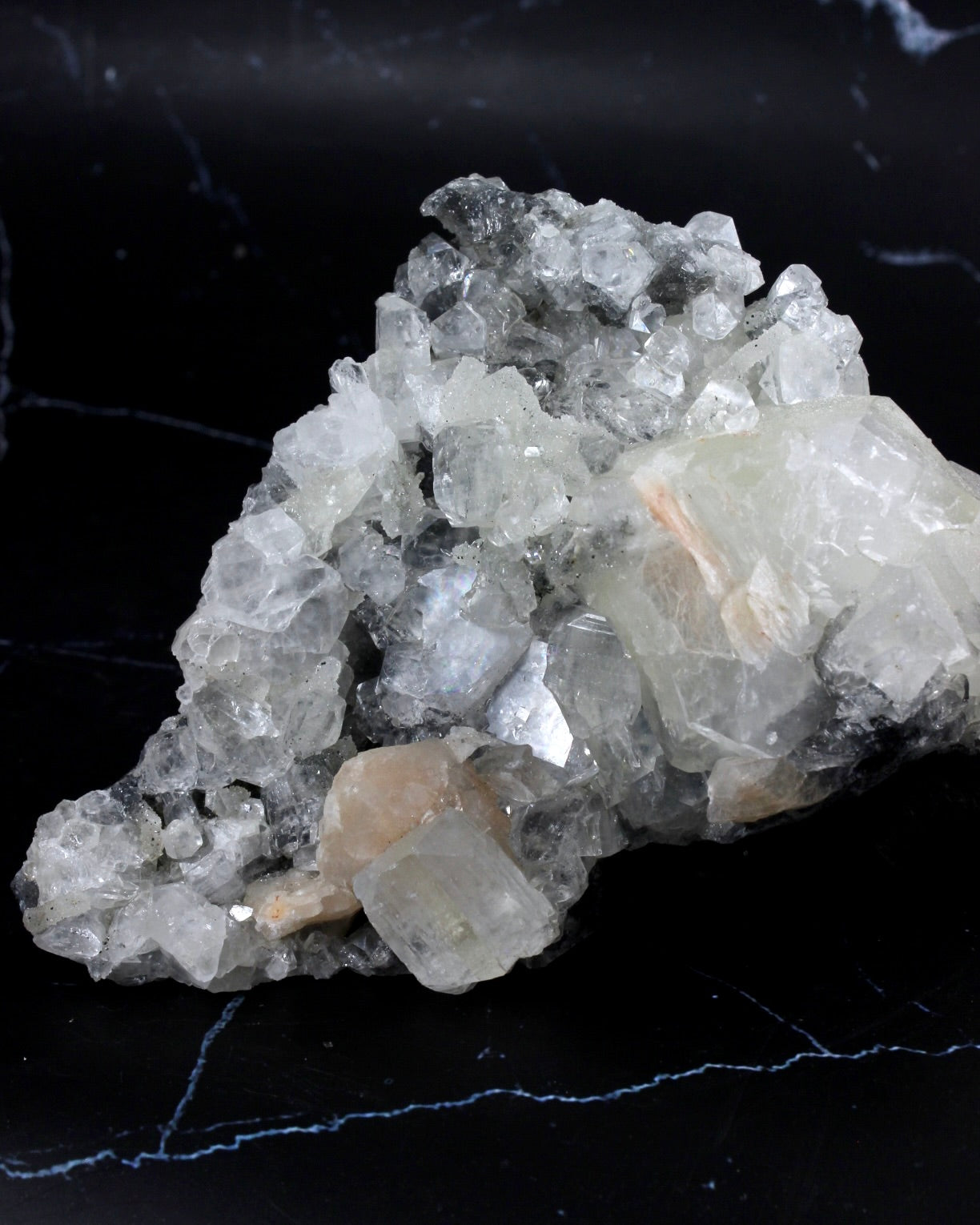 Apophyllite Stilbite on Black Chalcedony