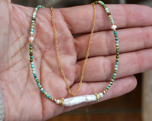 Freshwater Pearl Turquoise Gold Layered Choker
