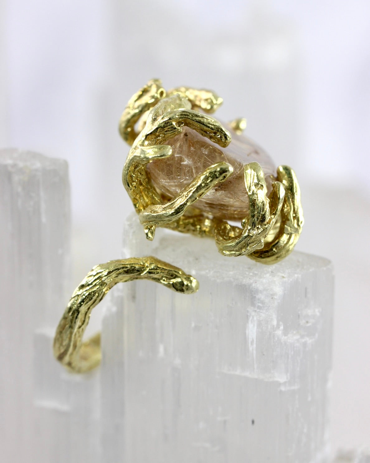 Rutilated Quartz Branch Brass Ring
