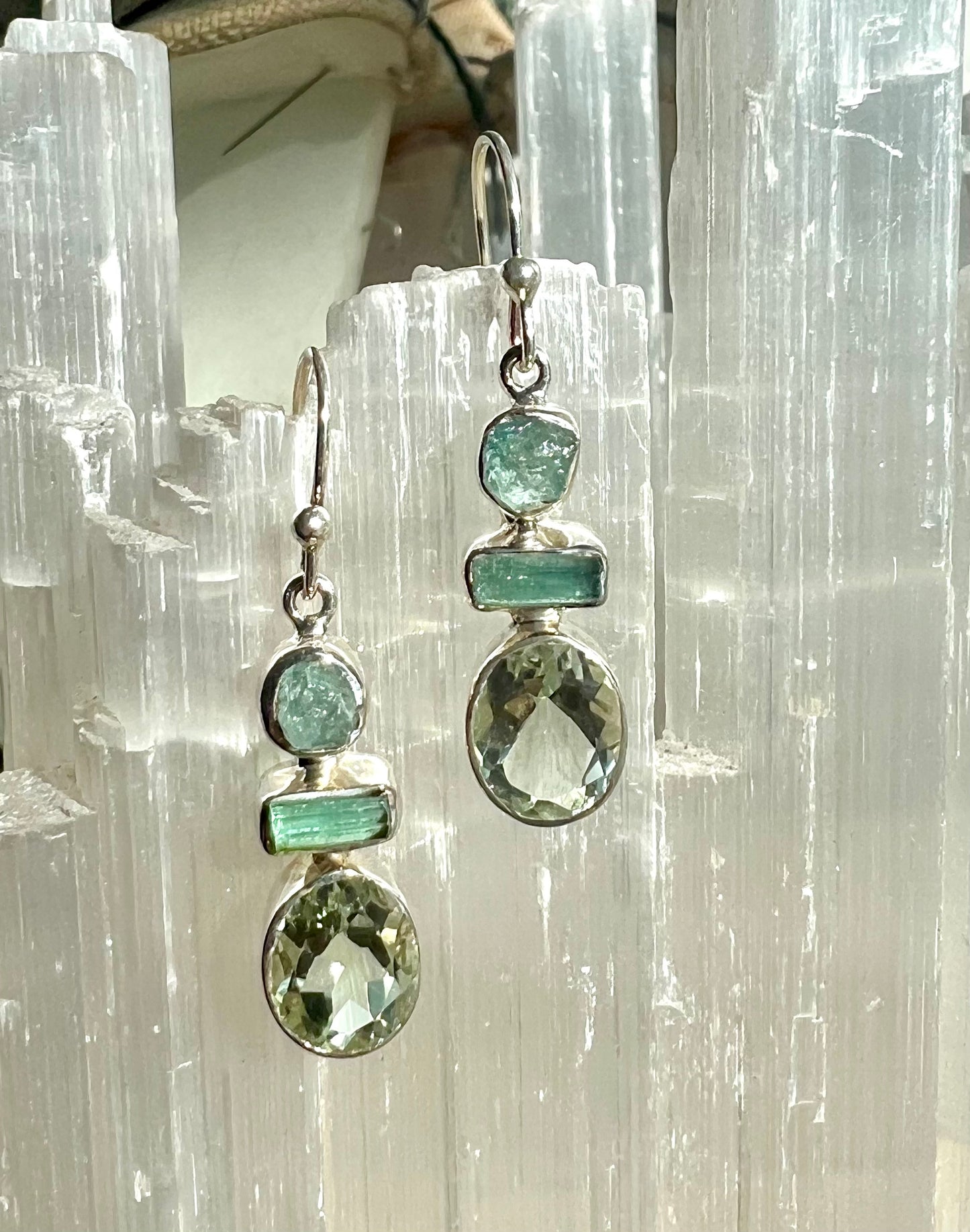 Prasiolite Tourmaline Crystal Drop Earrings