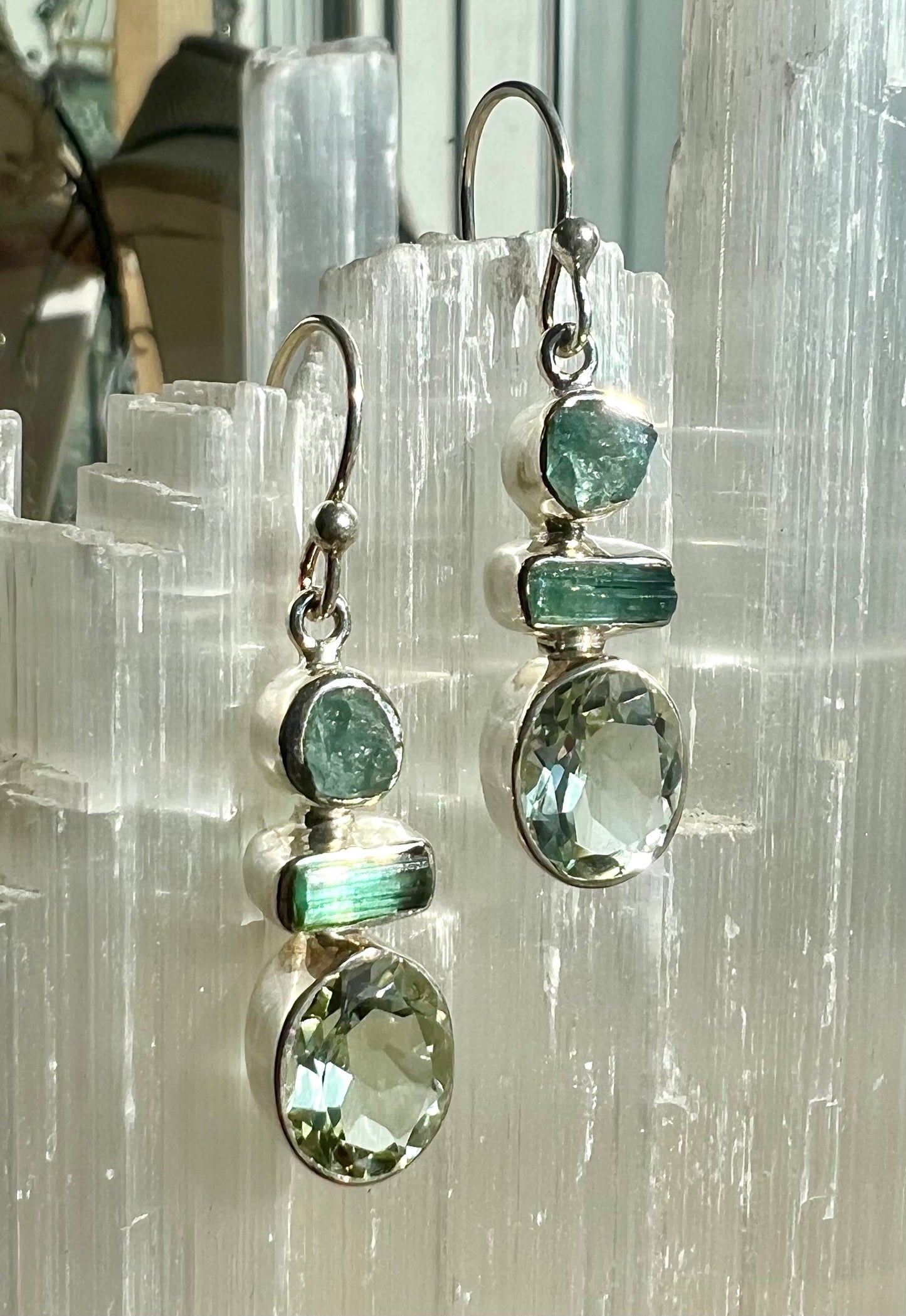 Prasiolite Tourmaline Crystal Drop Earrings