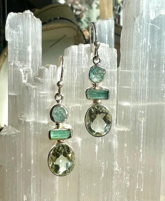 Prasiolite Tourmaline Crystal Drop Earrings
