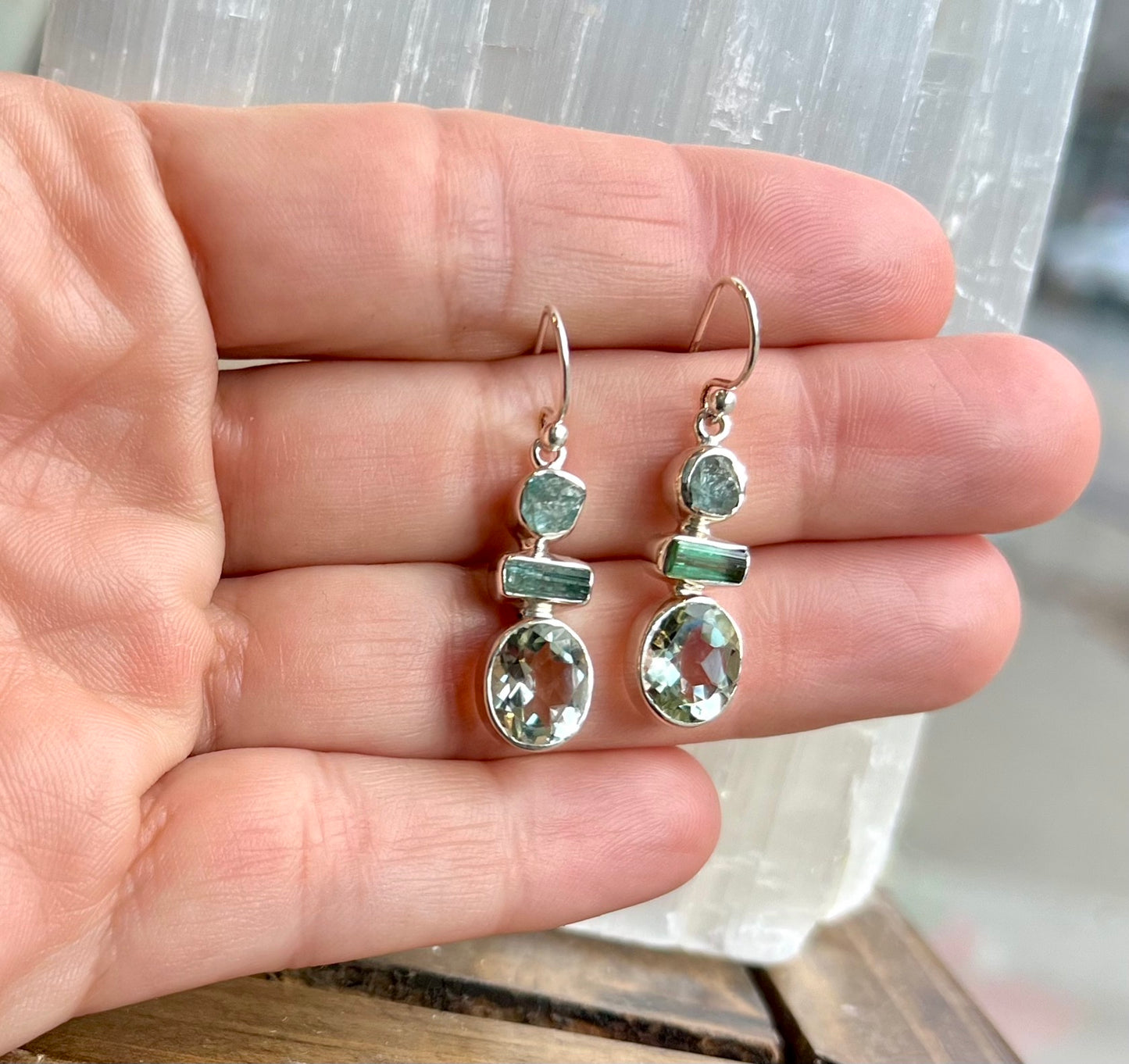 Prasiolite Tourmaline Crystal Drop Earrings