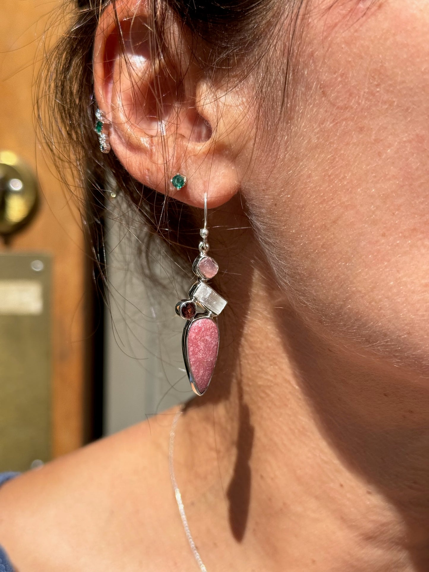 Thulite Selenite Garnet Rose Quartz Earrings