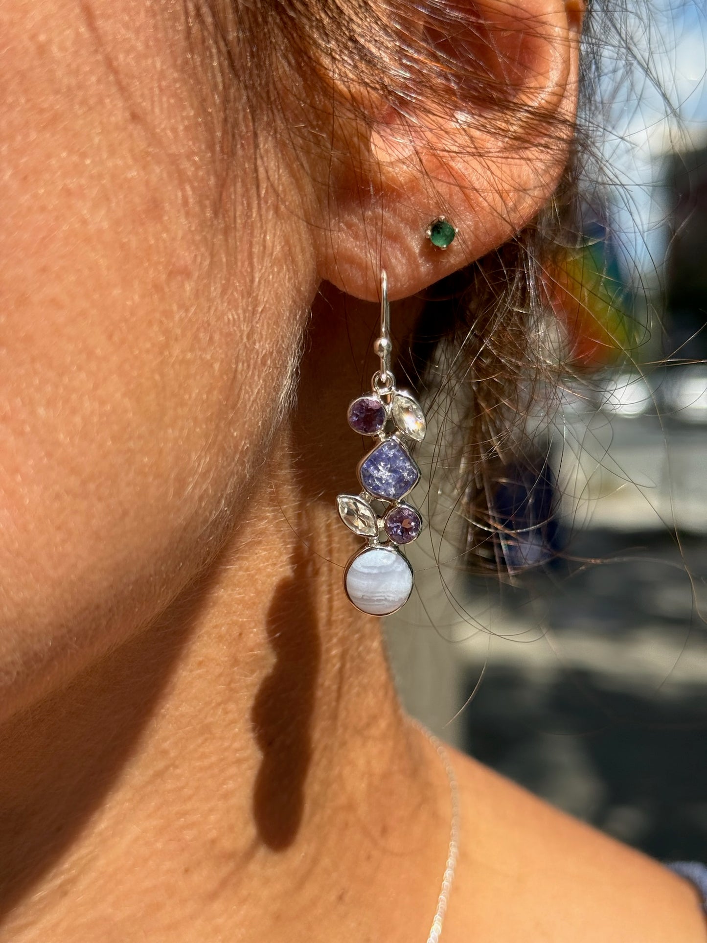 Blue Lace Agate Tanzanite Amethyst White Topaz Earrings