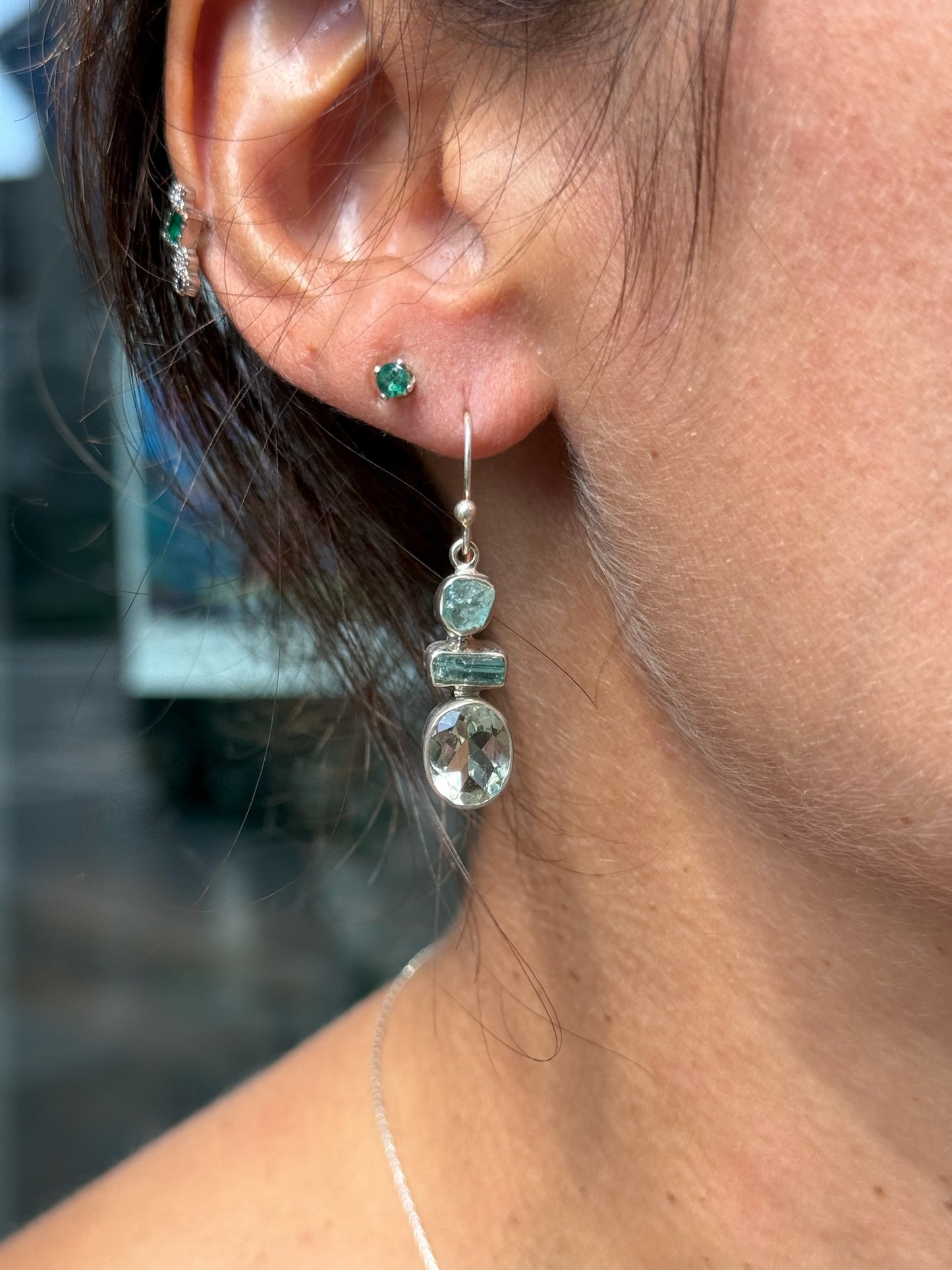 Prasiolite Tourmaline Crystal Drop Earrings