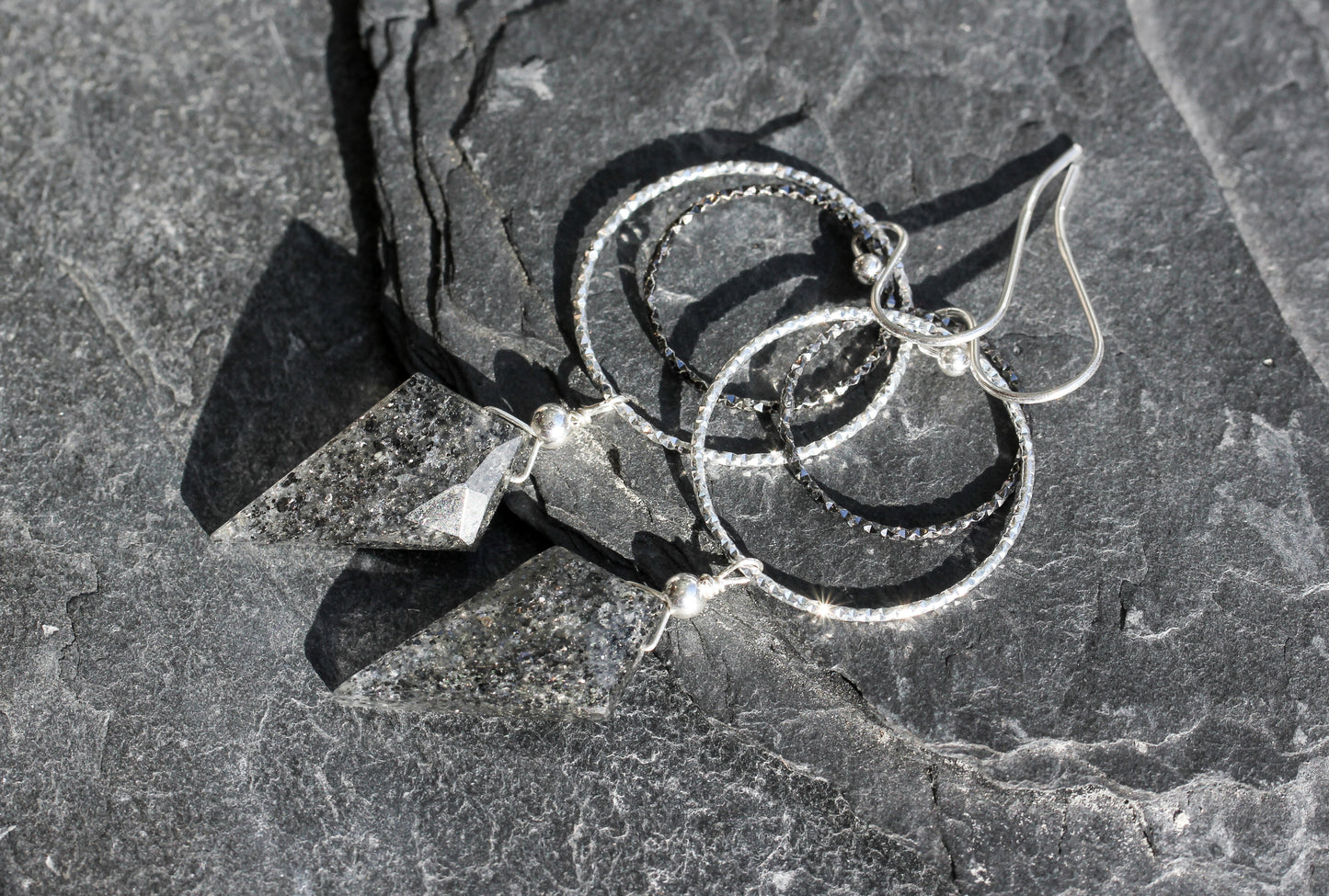 Black Sunstone Diamond Cut Double Ring Drop Earrings