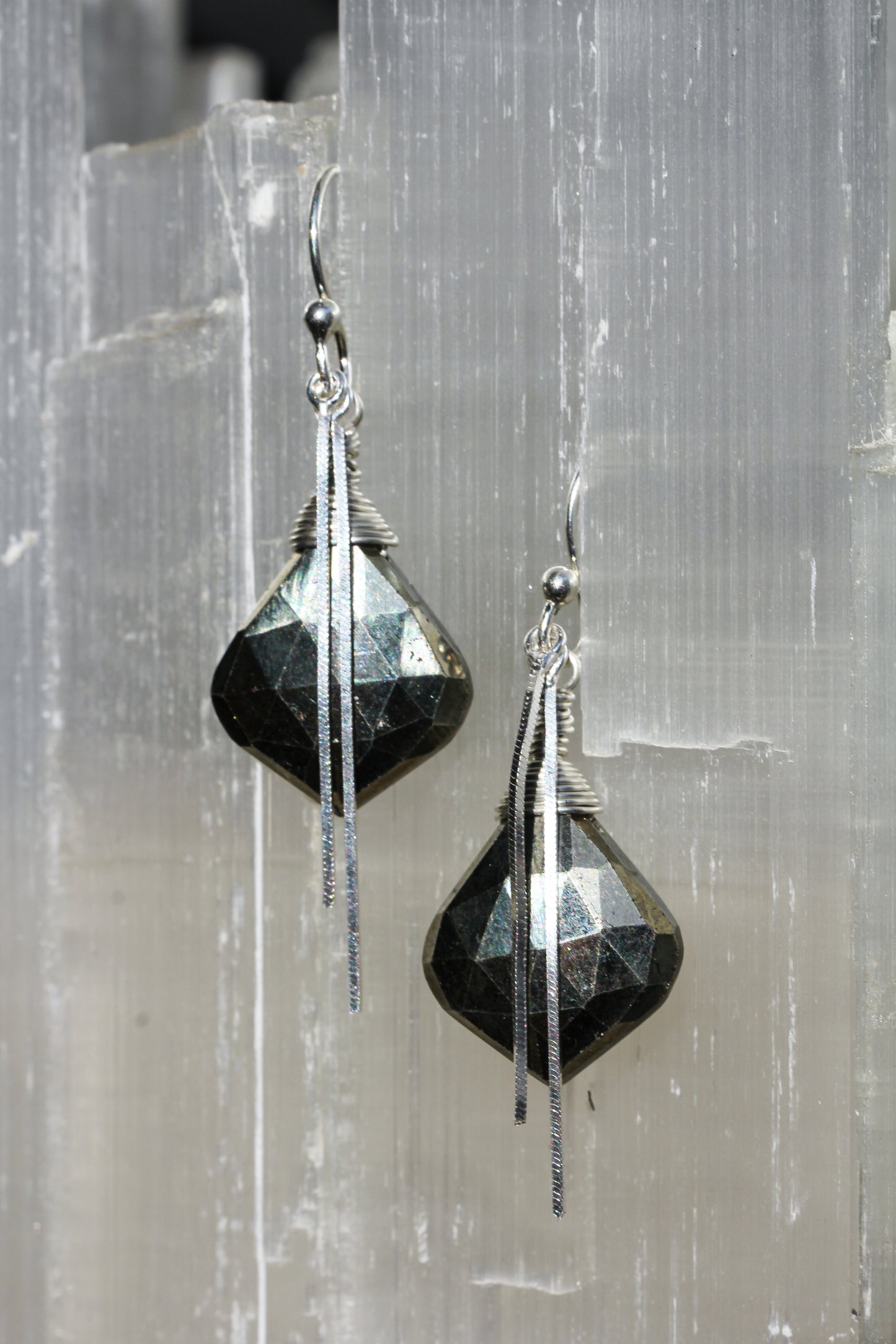Pyrite Silver Chain Drape Earrings