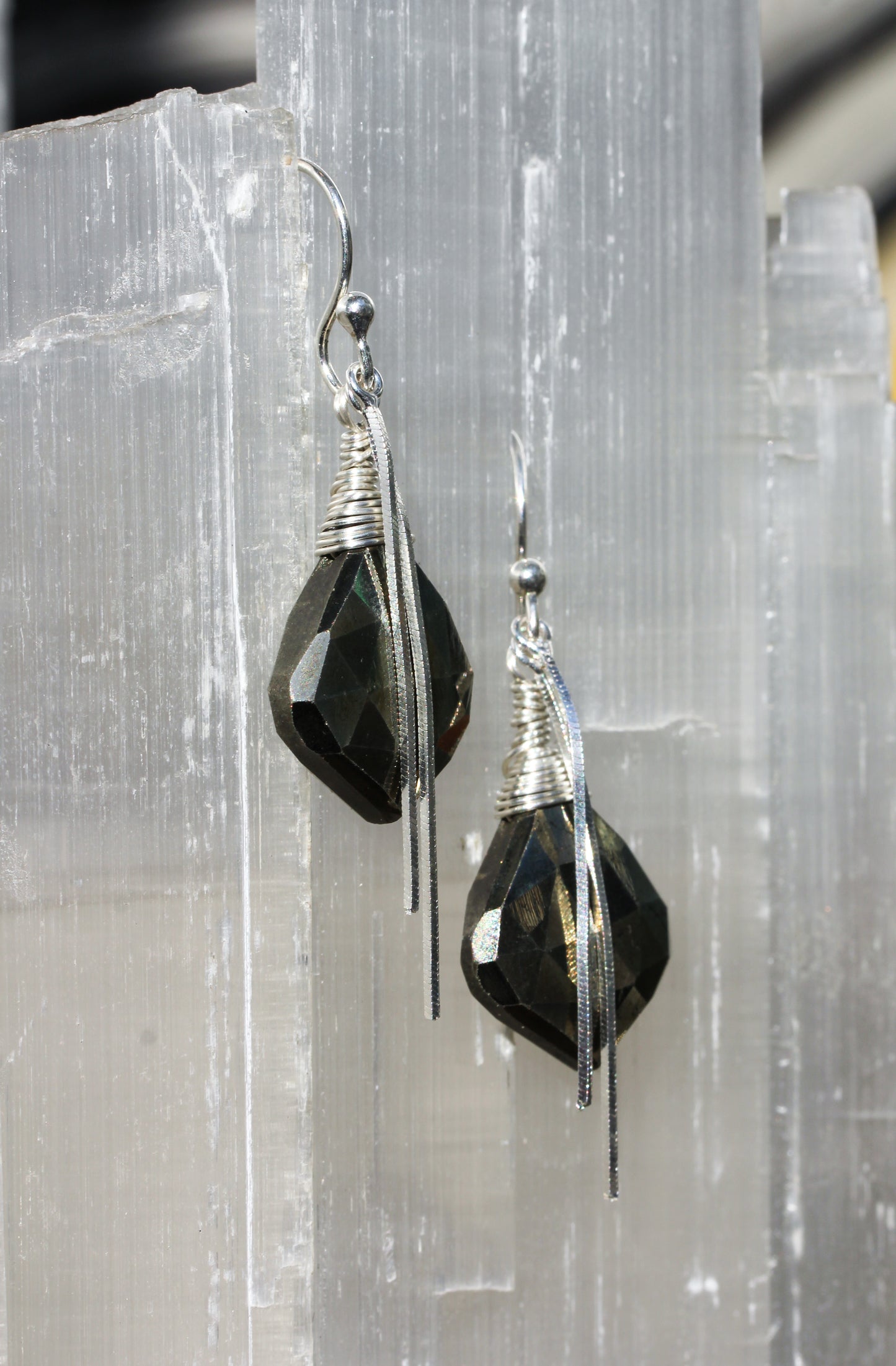 Pyrite Silver Chain Drape Earrings