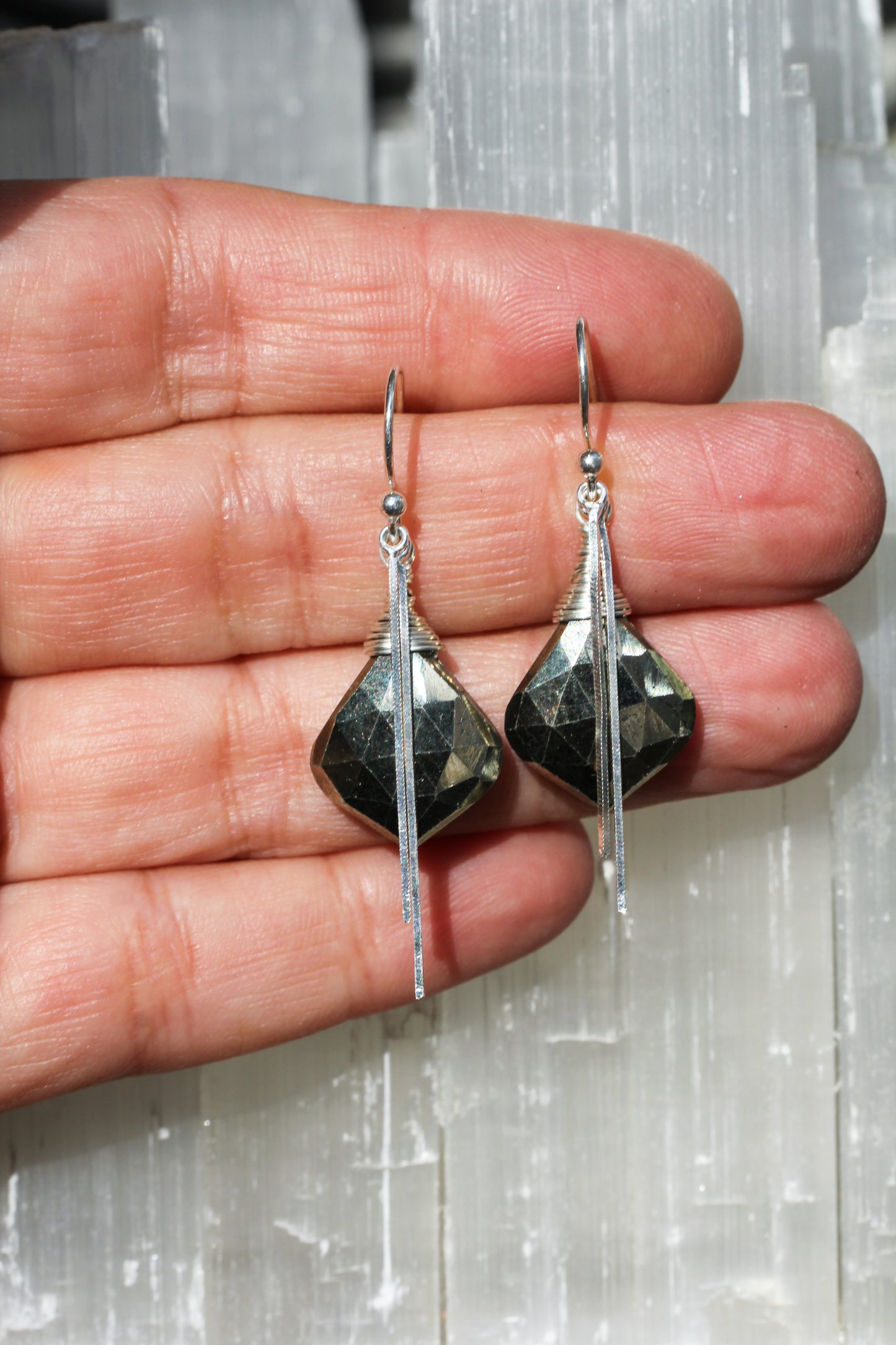 Pyrite Silver Chain Drape Earrings