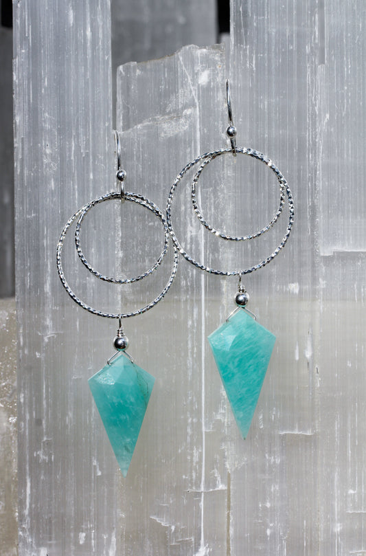 Amazonite Diamond Cut Double Ring Silver Earrings