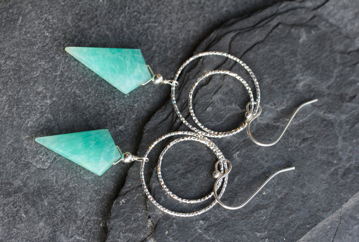 Amazonite Diamond Cut Double Ring Silver Earrings