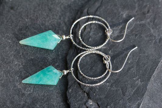 Amazonite Diamond Cut Double Ring Silver Earrings
