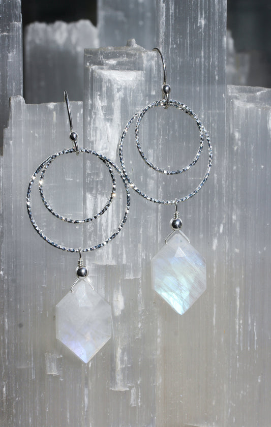 Rainbow Moonstone Double Ring Drop Earrings