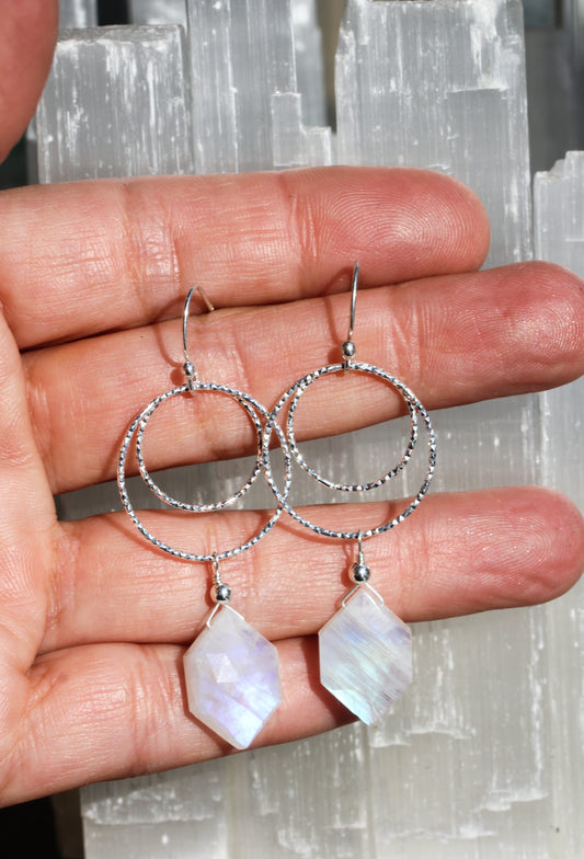 Rainbow Moonstone Double Ring Drop Earrings