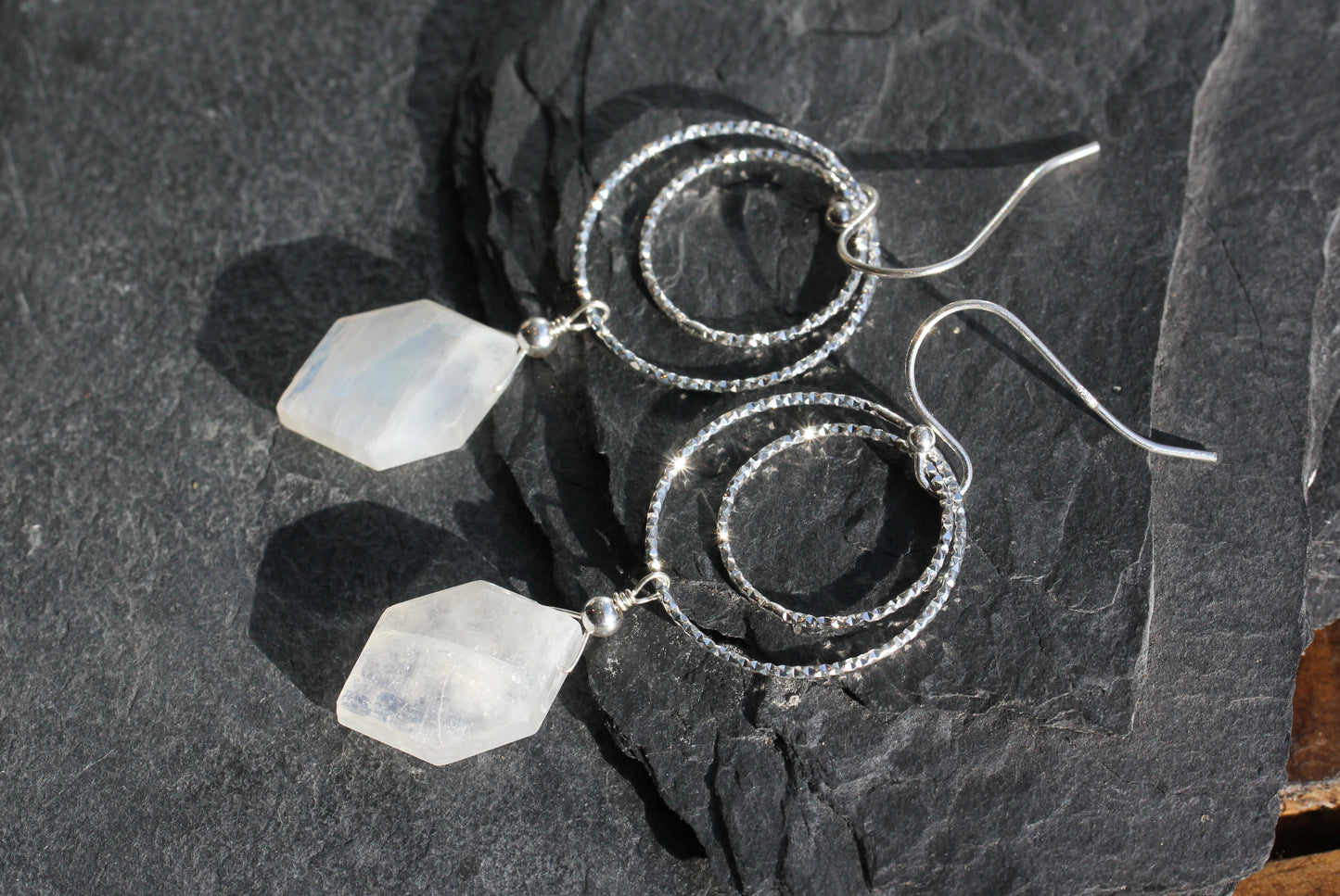 Rainbow Moonstone Double Ring Drop Earrings