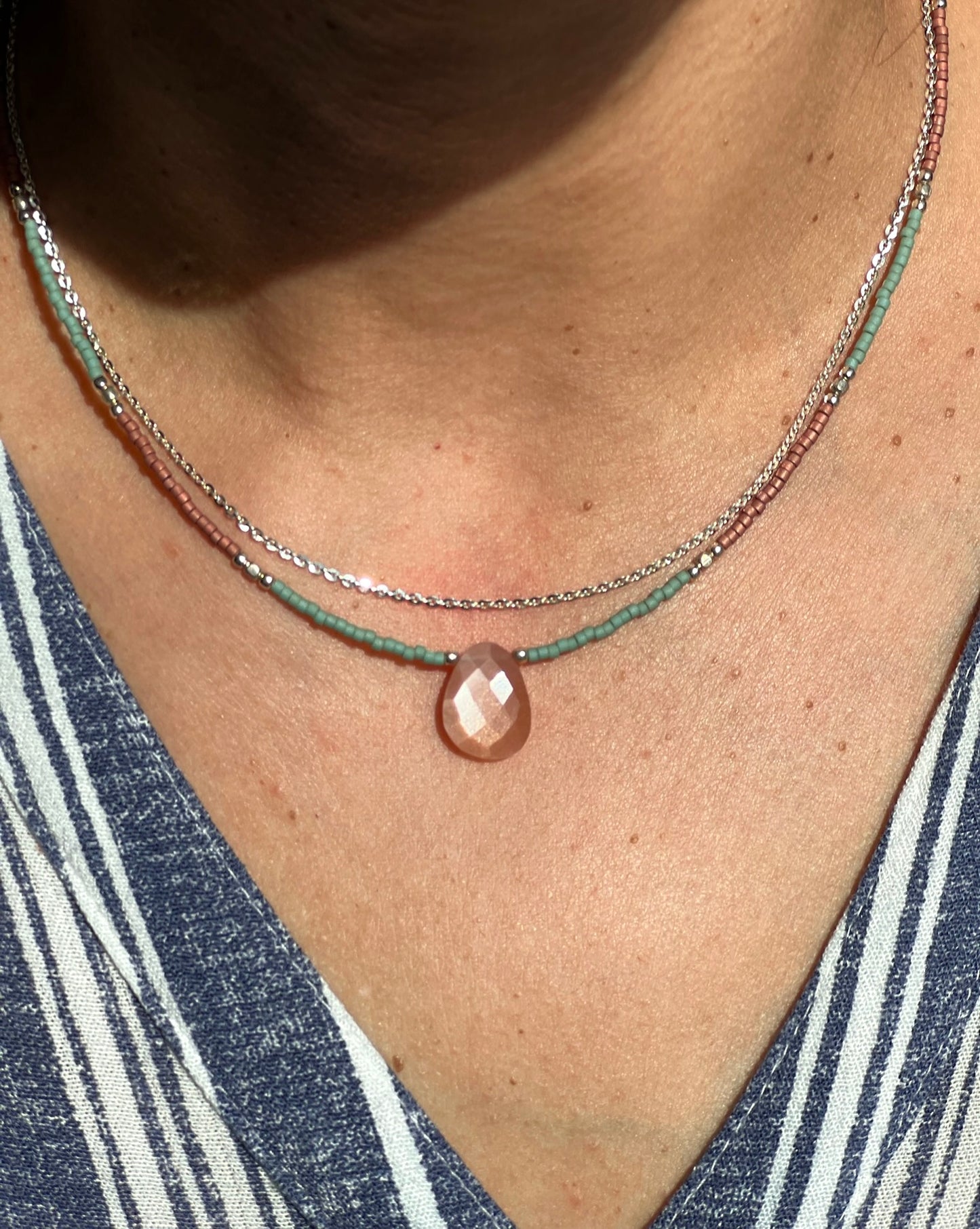 Peach Moonstone Delica Glass Bead Silver Necklace