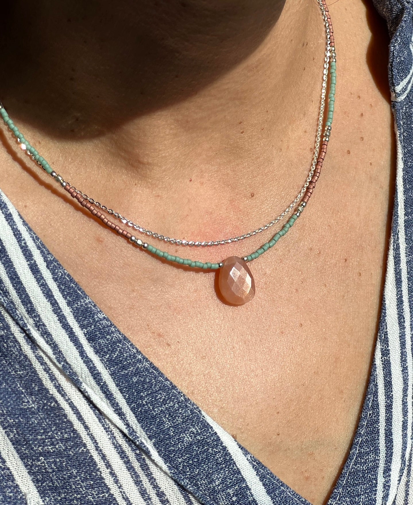 Peach Moonstone Delica Glass Bead Silver Necklace
