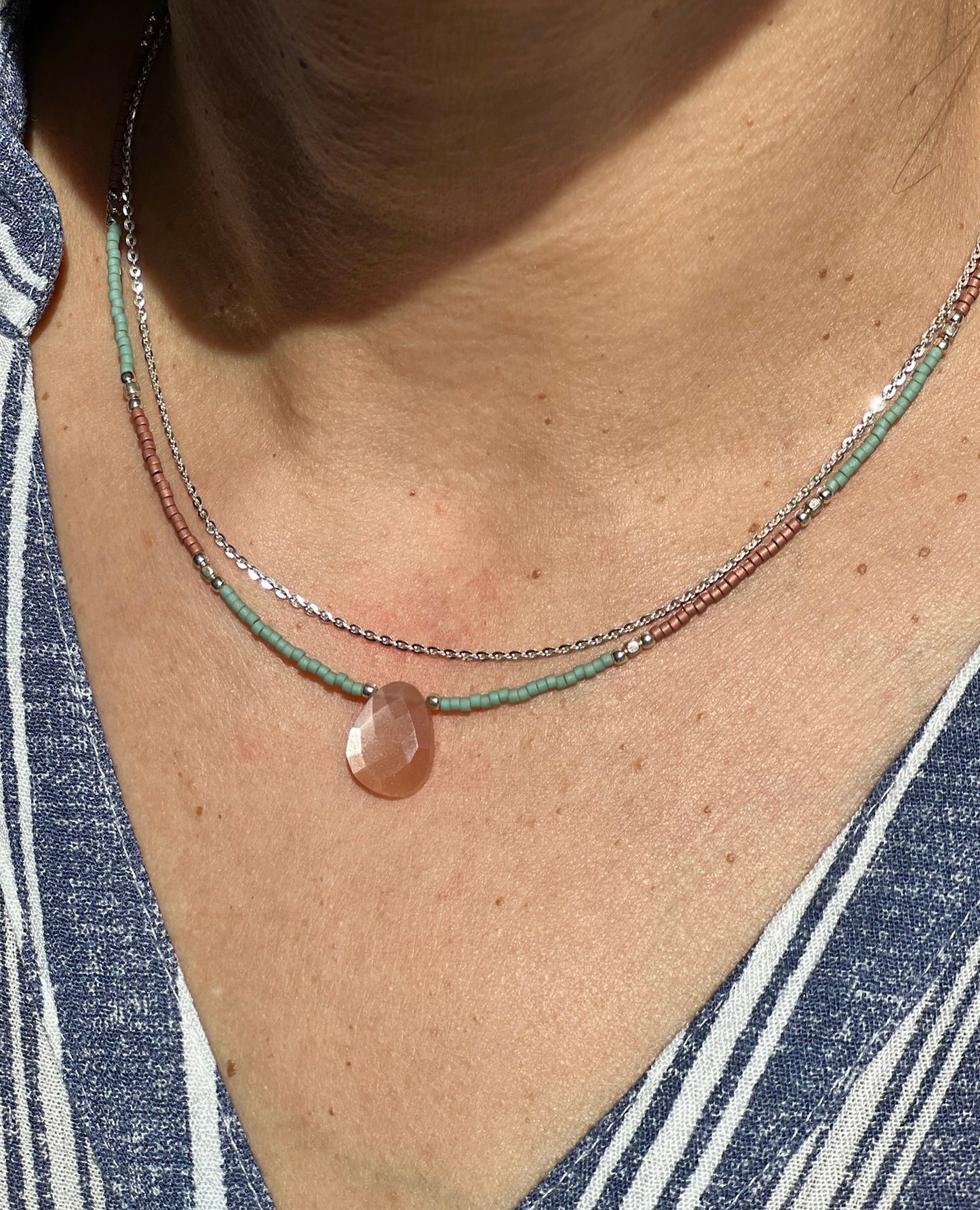 Peach Moonstone Delica Glass Bead Silver Necklace