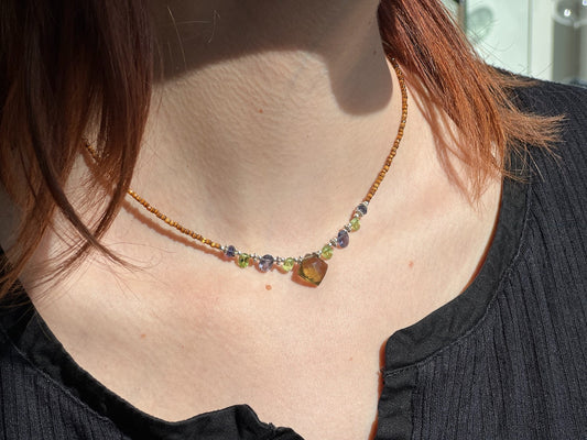 Beer Quartz Peridot Iolite Beaded Necklace