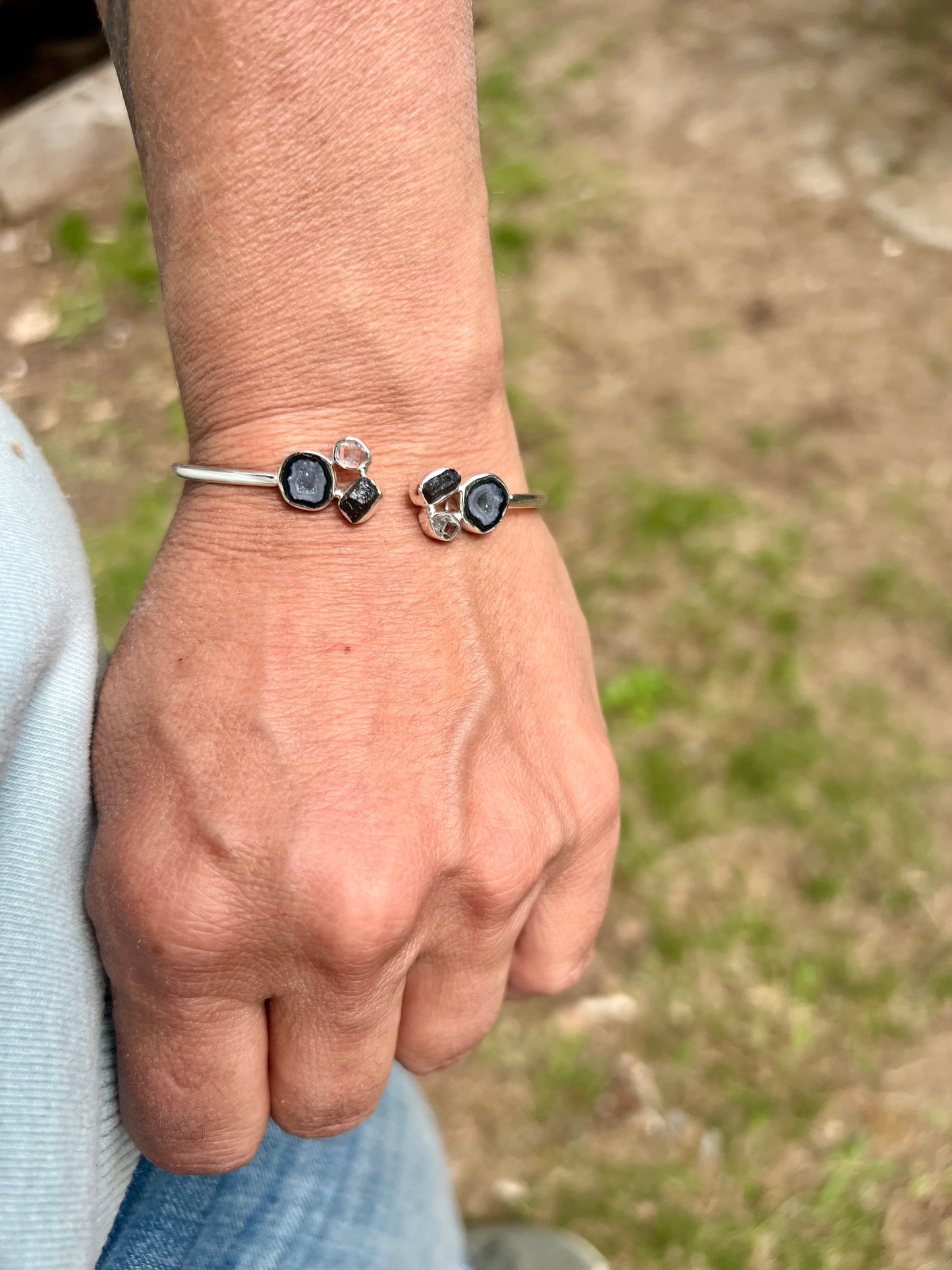 Geode Herkimer Diamond Silver Flex Bracelet