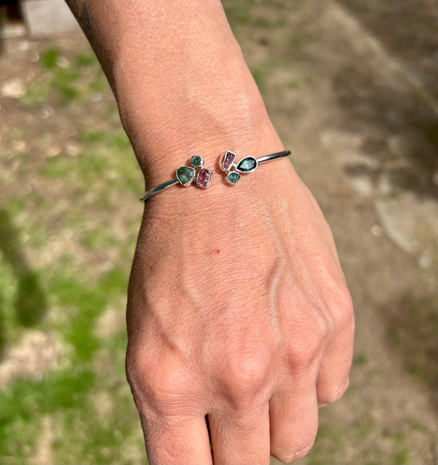 Indicolite and Pink Tourmaline Cluster Silver Bracelet