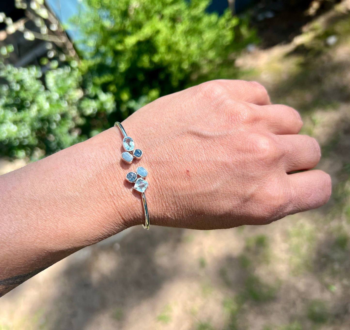 Aquamarine Cluster Silver Flex Bracelet
