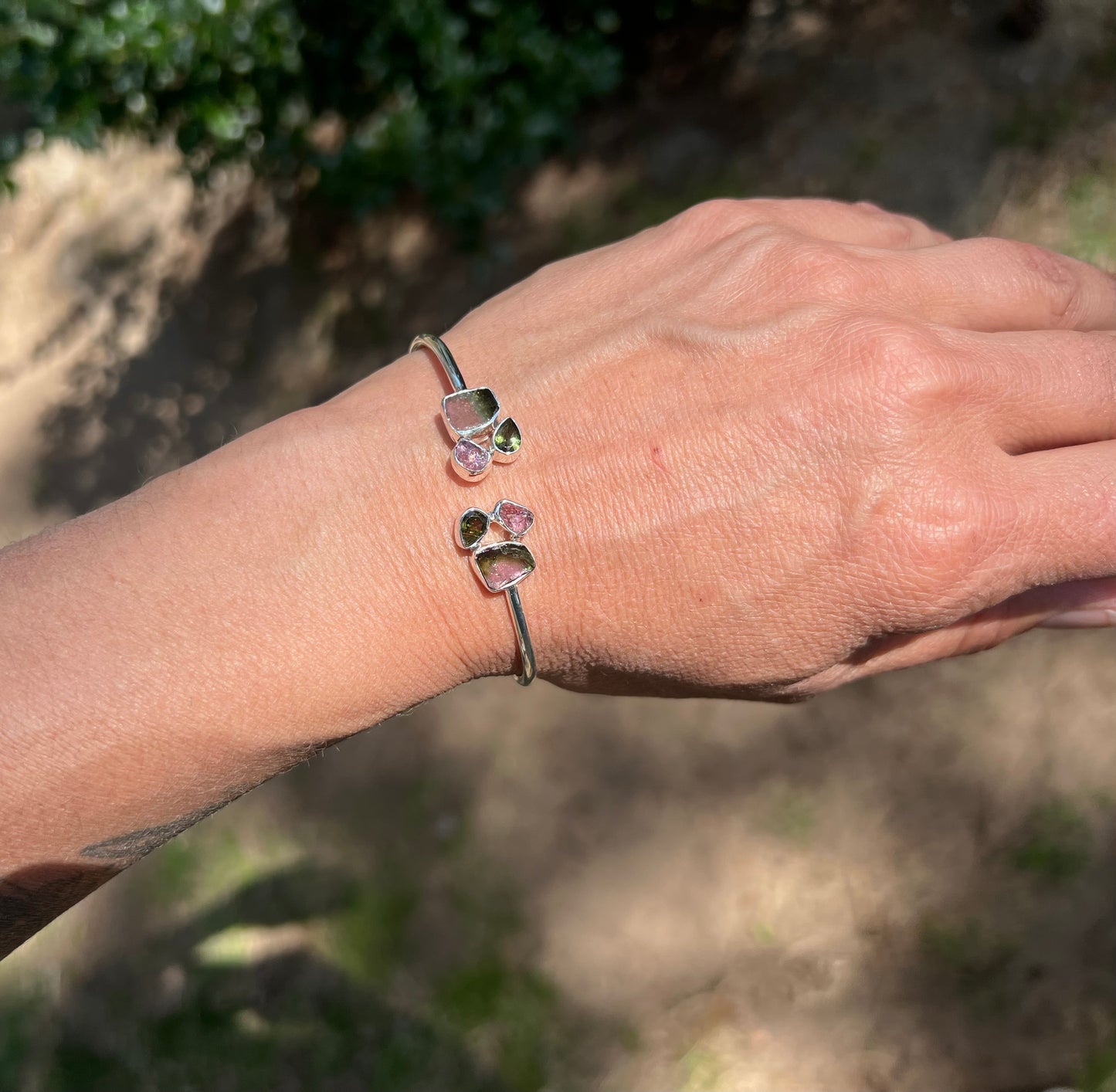 Watermelon Tourmaline Cluster Silver Bracelet
