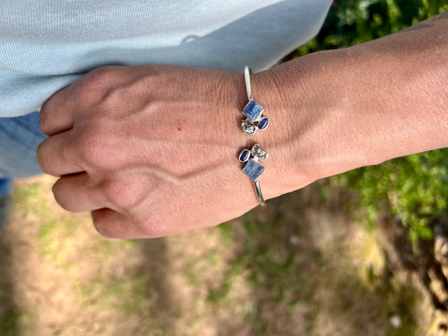 Kyanite Pyrite Silver Flex Bracelet