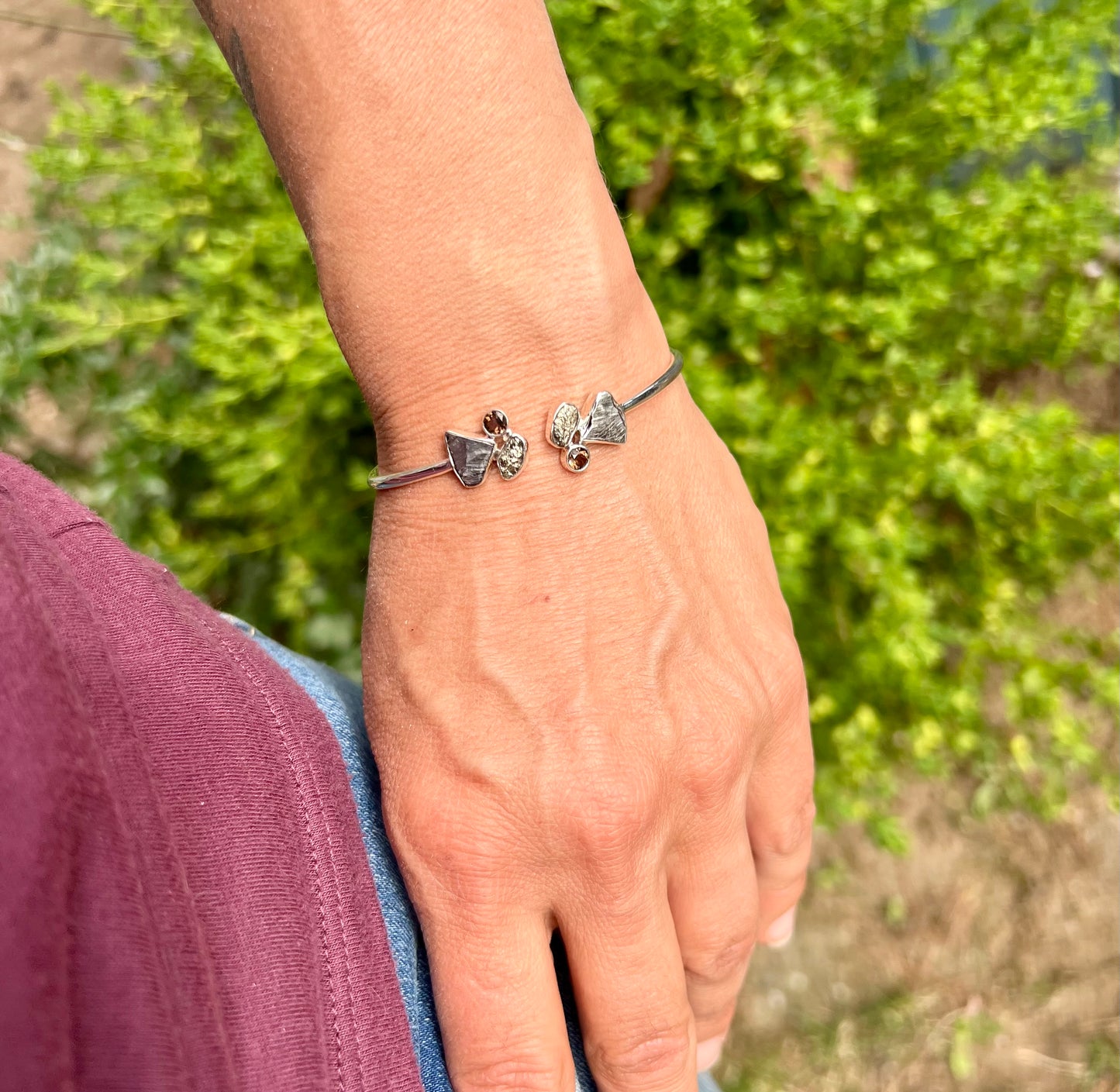 Meteorite Pyrite Smokey Quartz Silver Cuff Bracelet
