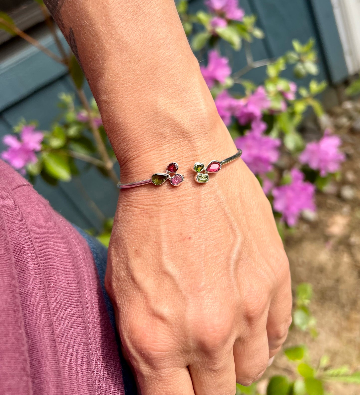 Pink and Green Tourmaline Cluster Silver Bracelet